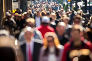 blurred image of people walking on a city sidewalk, showing how anyone can use mat for aud