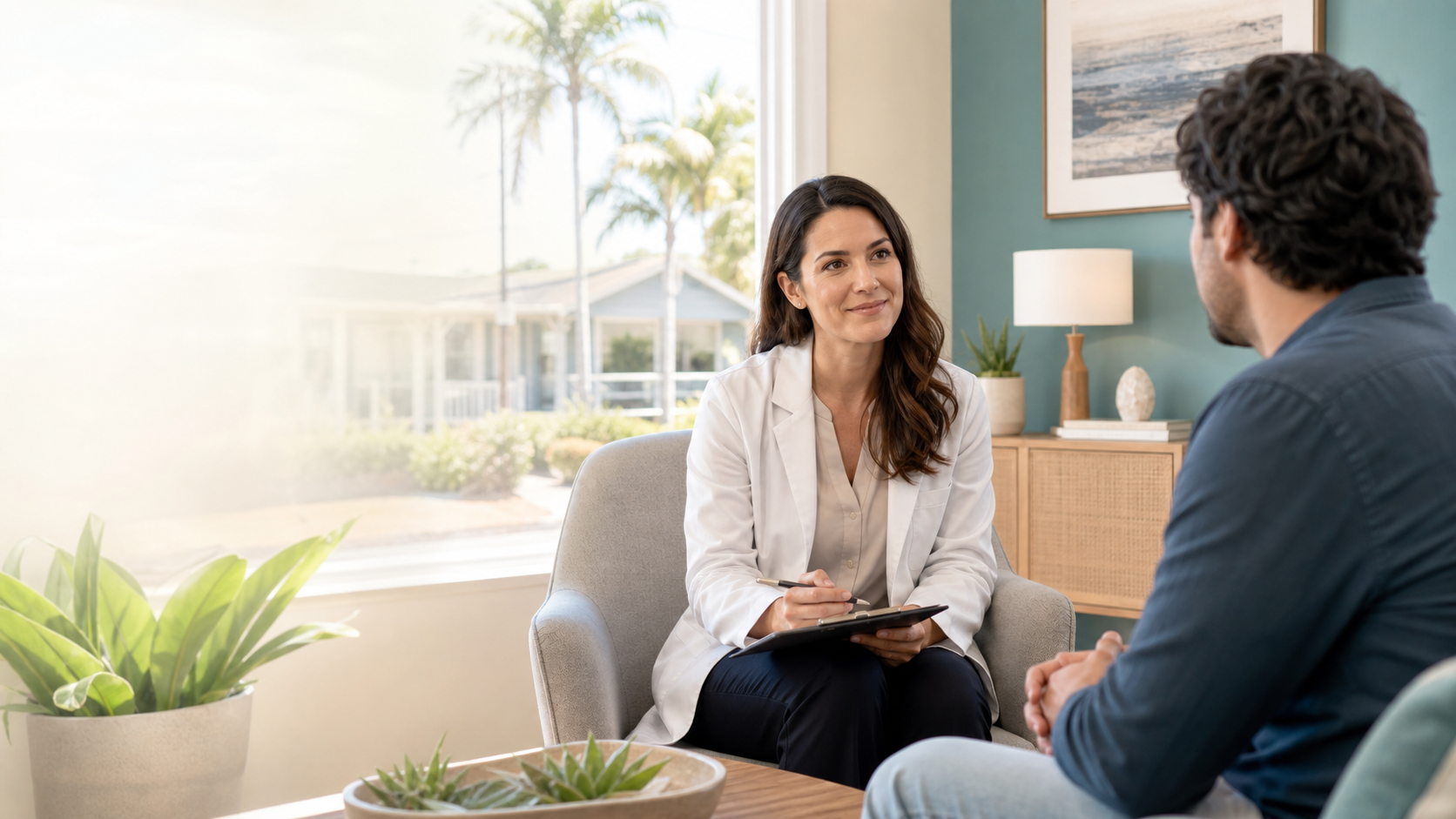 A clinician and patient having a private, supportive consultation