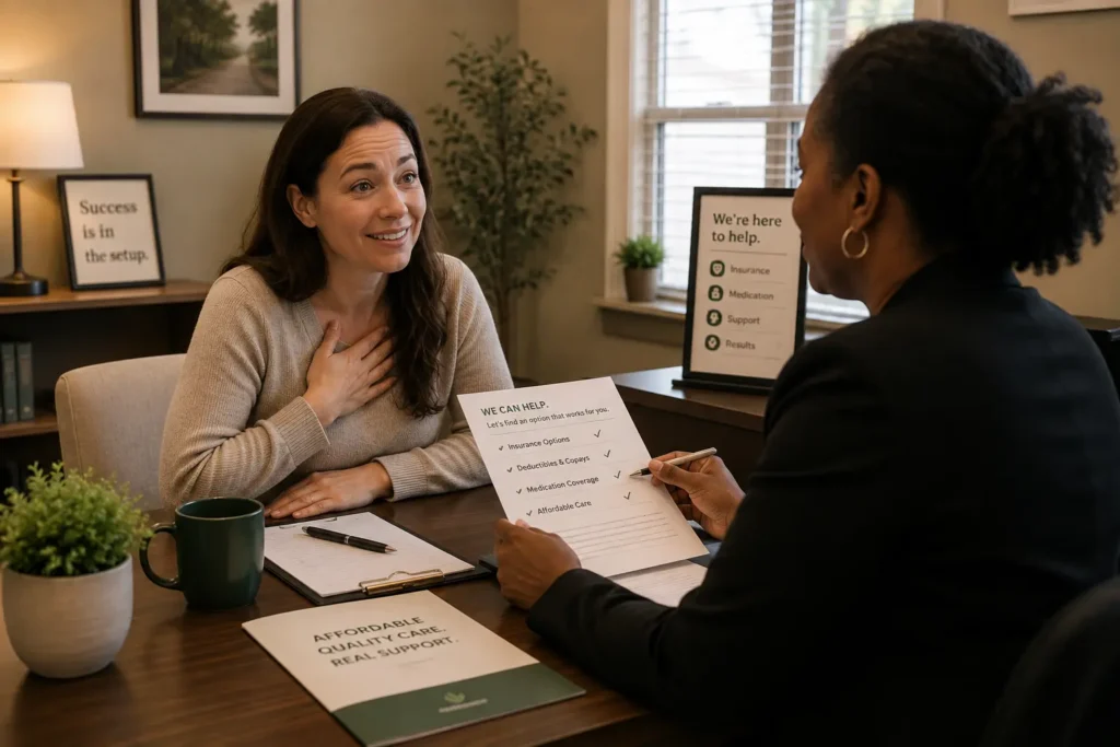 Patient discussing addiction treatment insurance and affordability