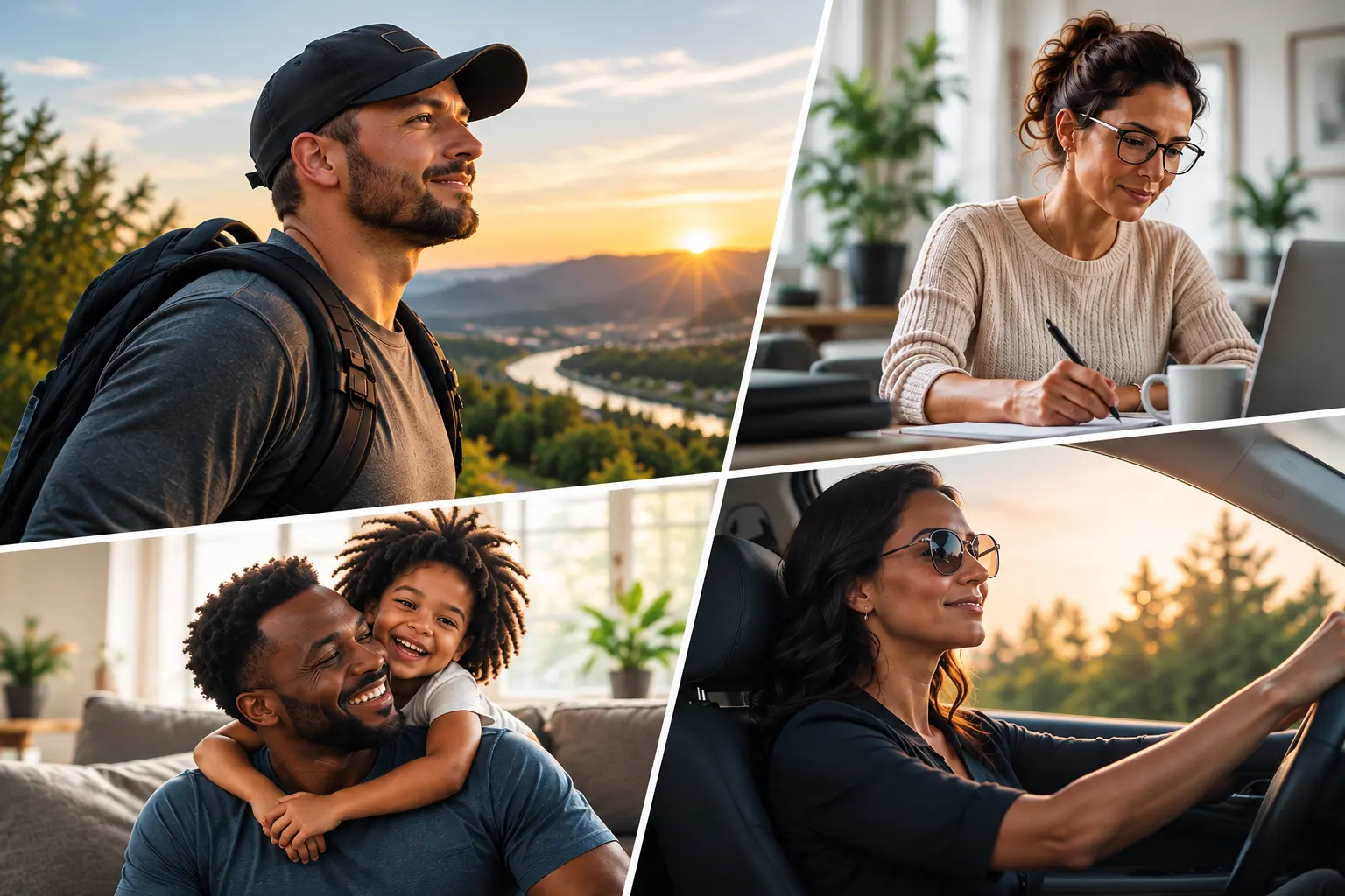 Lifestyle collage showing adults working, spending time with family, driving, and outdoors, representing private opioid use disorder treatment in Pennsylvania