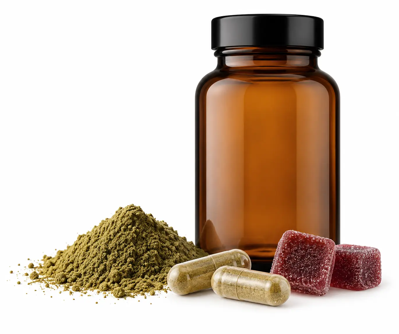 Bottle, capsules, gummy and concentrated powder representing 7-OH and kratom extract products