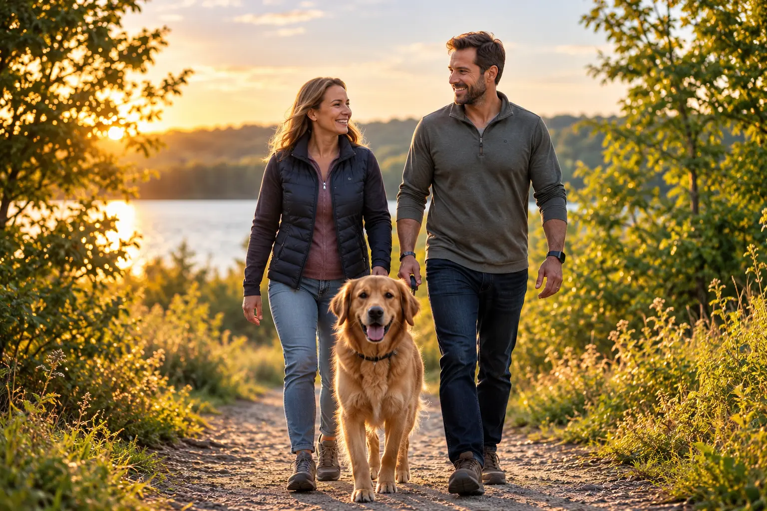Couple walking their dog outdoors, representing stability, everyday life, and continuing treatment after alcohol detox.