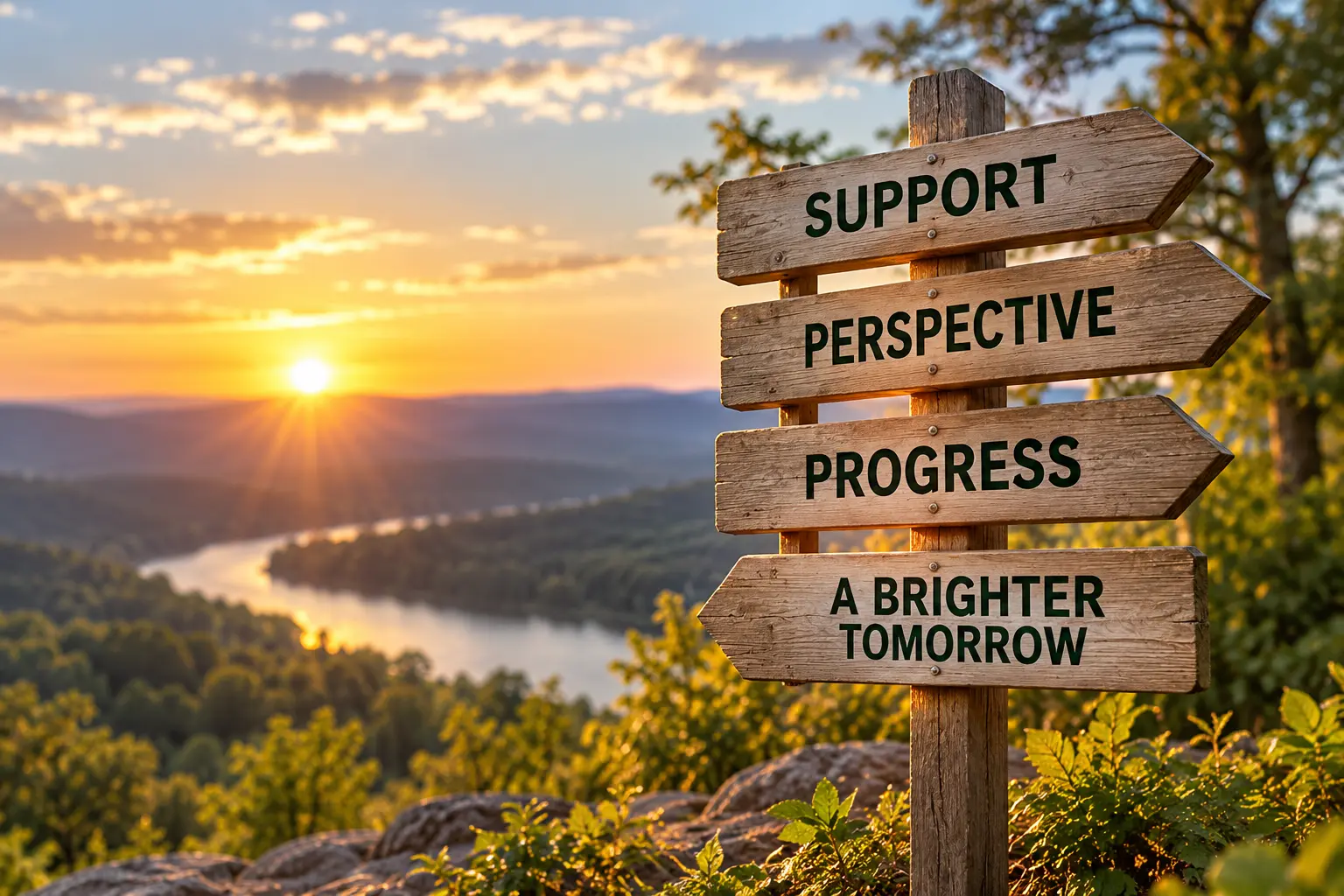 Wooden signpost pointing toward support, perspective, progress, and a brighter tomorrow for people considering counseling for alcohol use disorder.