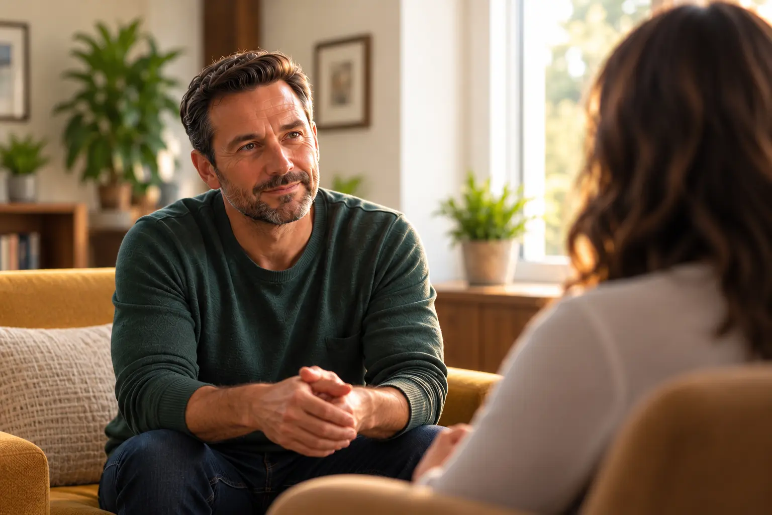 Man speaking with a counselor in a private setting, representing counseling options beyond 12-step programs for alcohol use disorder.