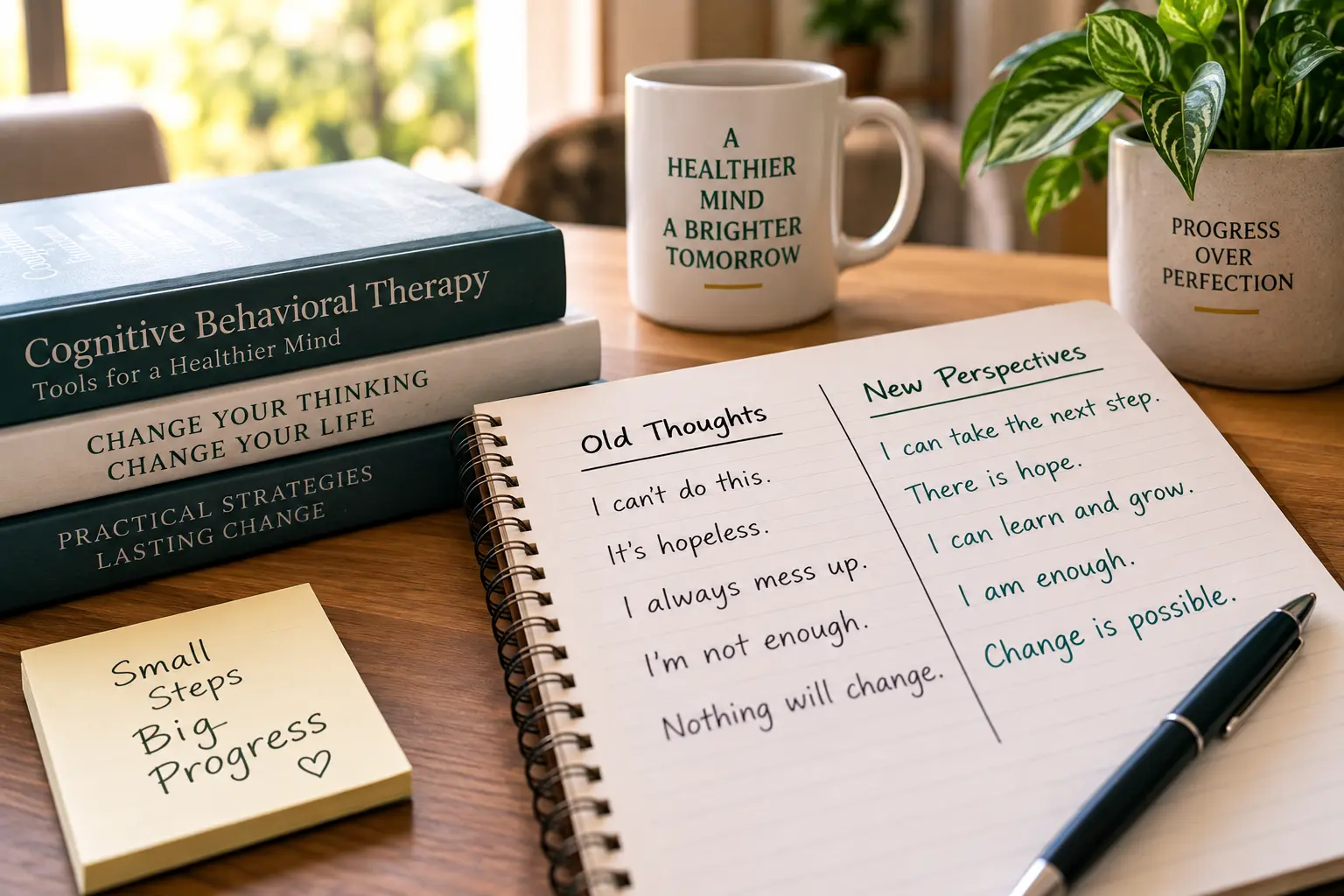Notebook illustrating old thoughts and new perspectives as part of cognitive behavioral therapy for alcohol use disorder.