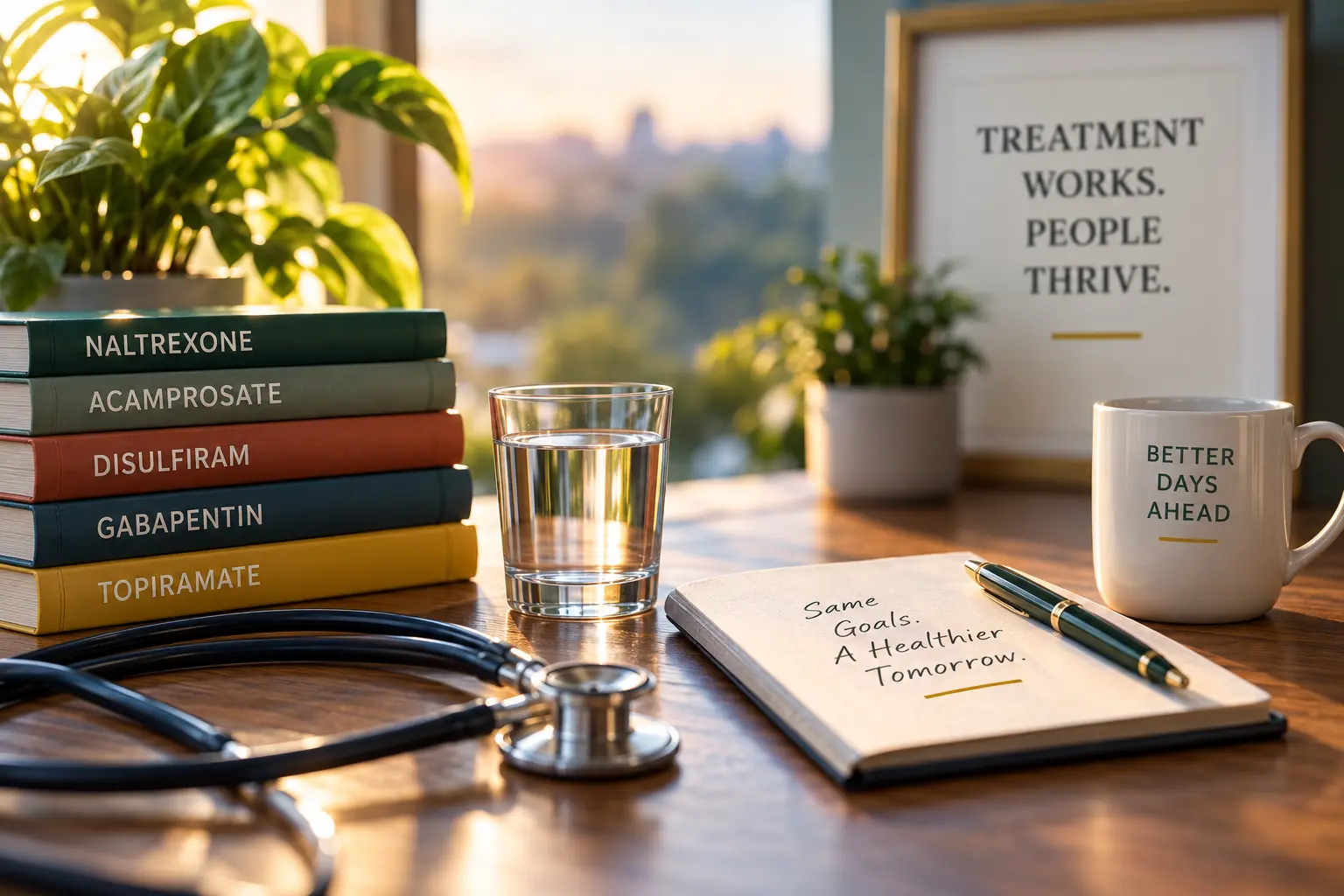 Littmann Master Cardiology stethoscope beside a treatment goals notebook, representing medication treatment for alcohol use disorder.