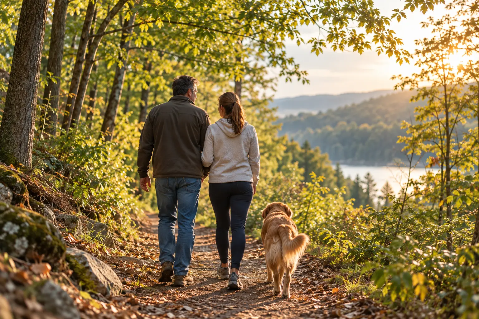 Couple walking their dog on a wooded trail after 7-OH withdrawal treatment