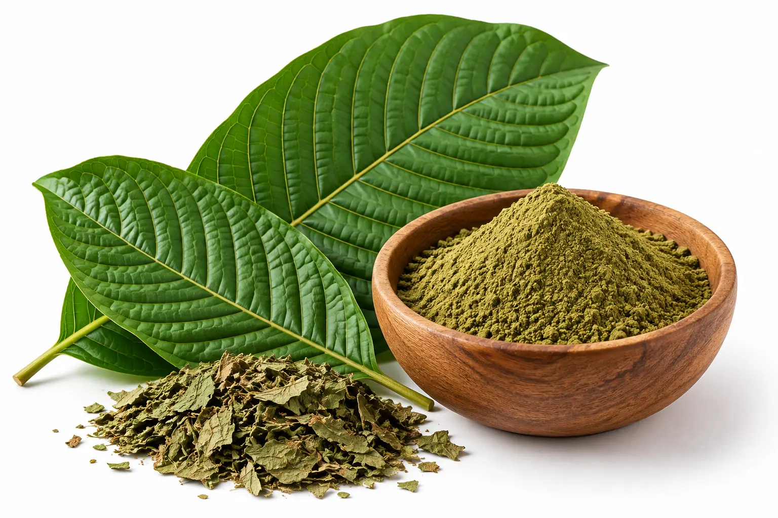 Kratom leaves and powder representing traditional kratom products