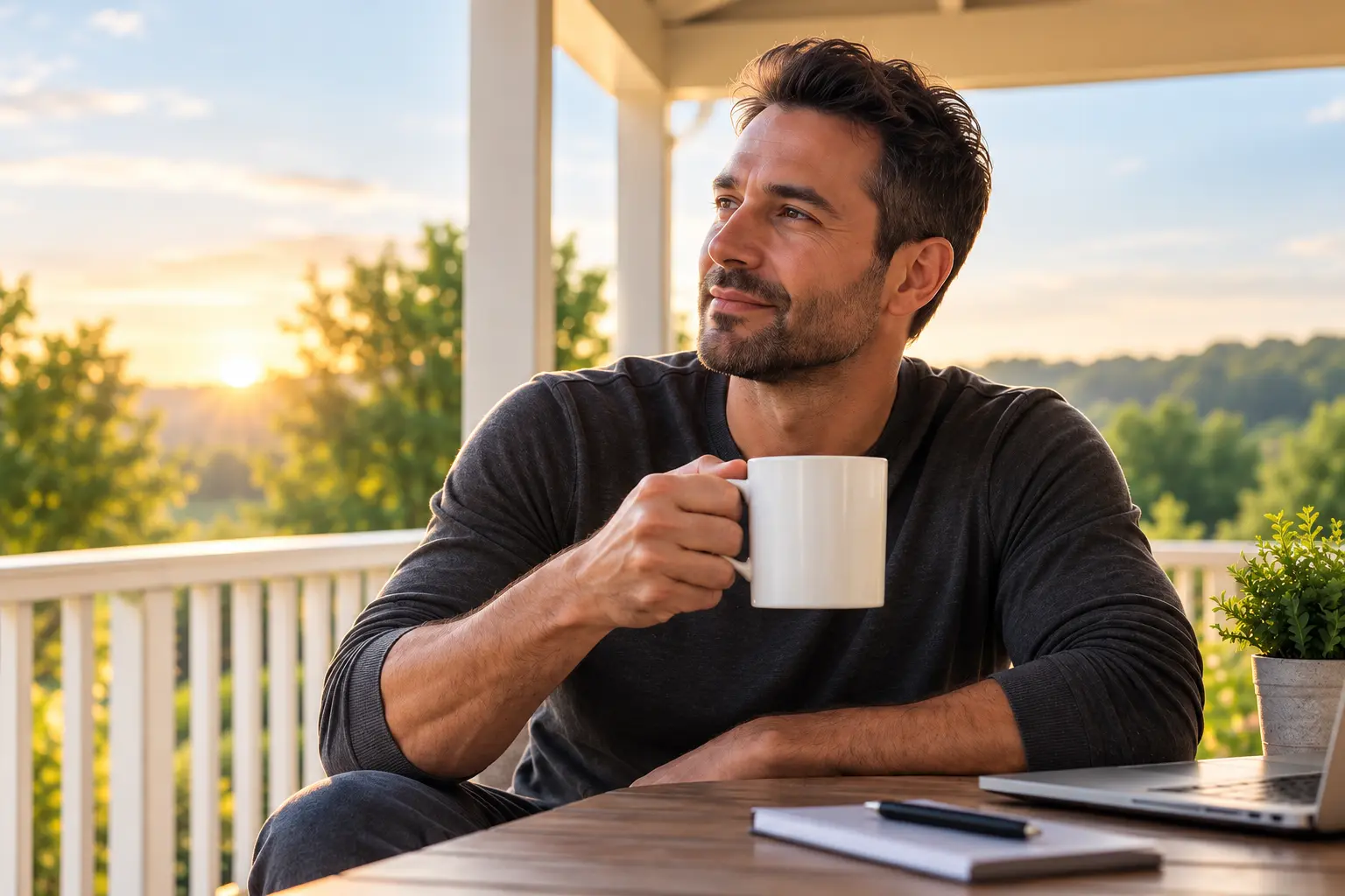 Man drinking coffee at home after alcohol detox, representing stability and returning to everyday life with continuing treatment.