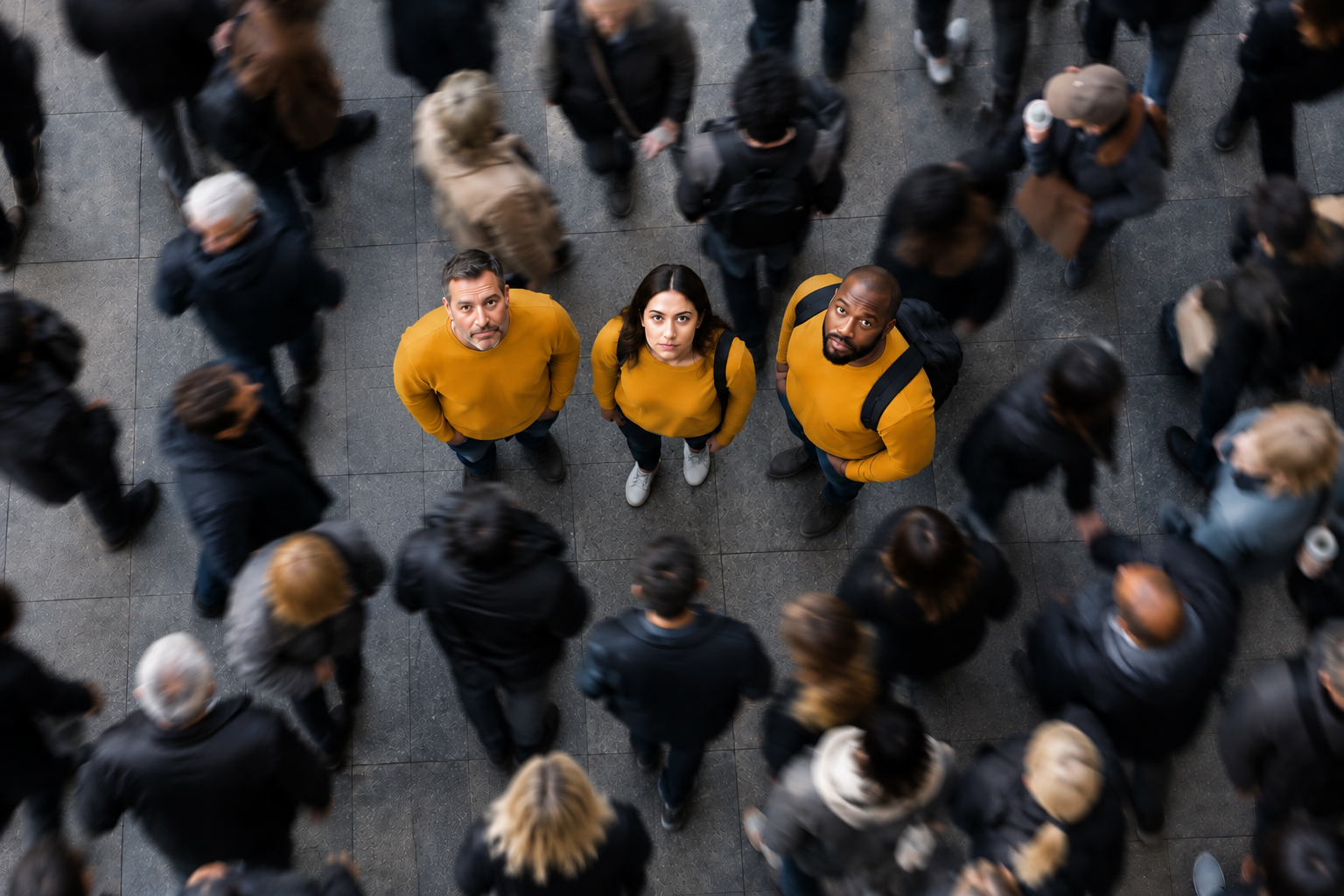 Medications for Alcohol Use Disorder — Treatment Options Are Underused Crowded public setting with three people in matching gold clothing standing out from the surrounding crowd, representing the small percentage of people with alcohol use disorder who receive medication treatment.