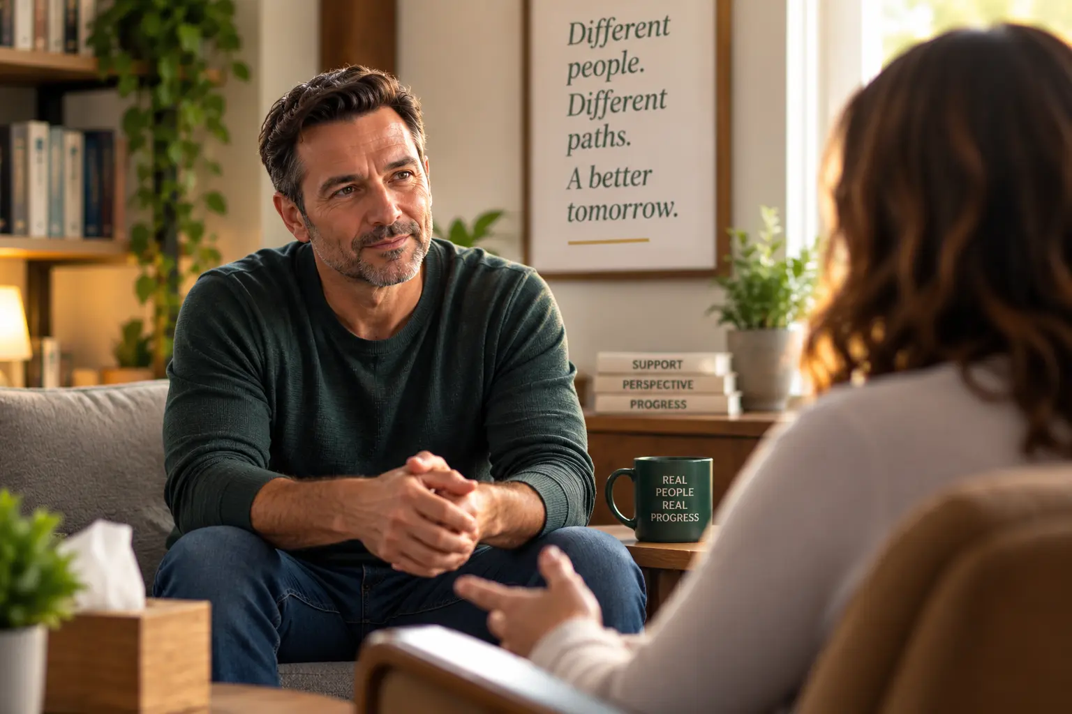 Man speaking with a counselor in a private setting, representing individualized counseling and support for alcohol use disorder.