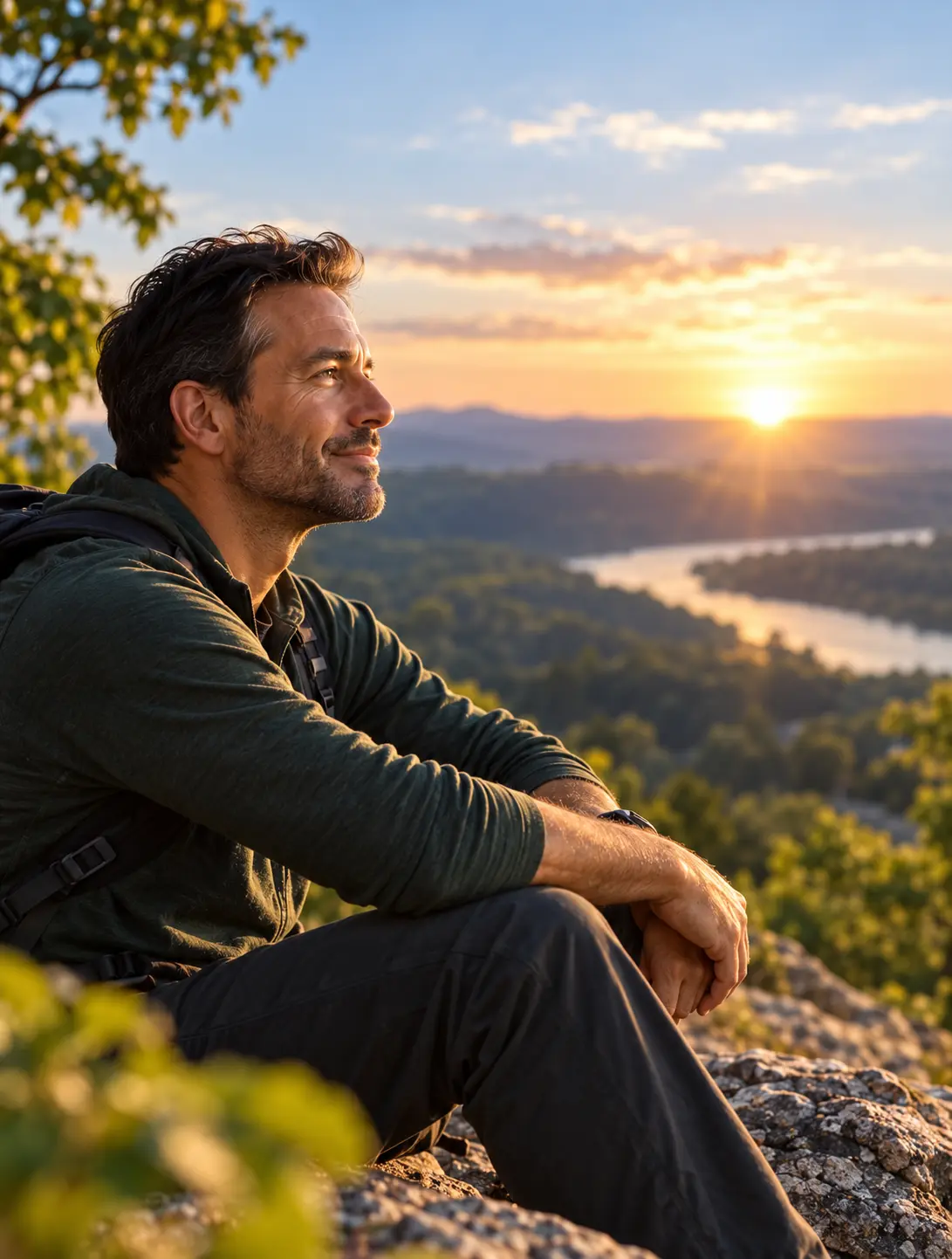 Man overlooking a river and mountains at sunset, representing individualized medication treatment and moving forward with alcohol use disorder.
