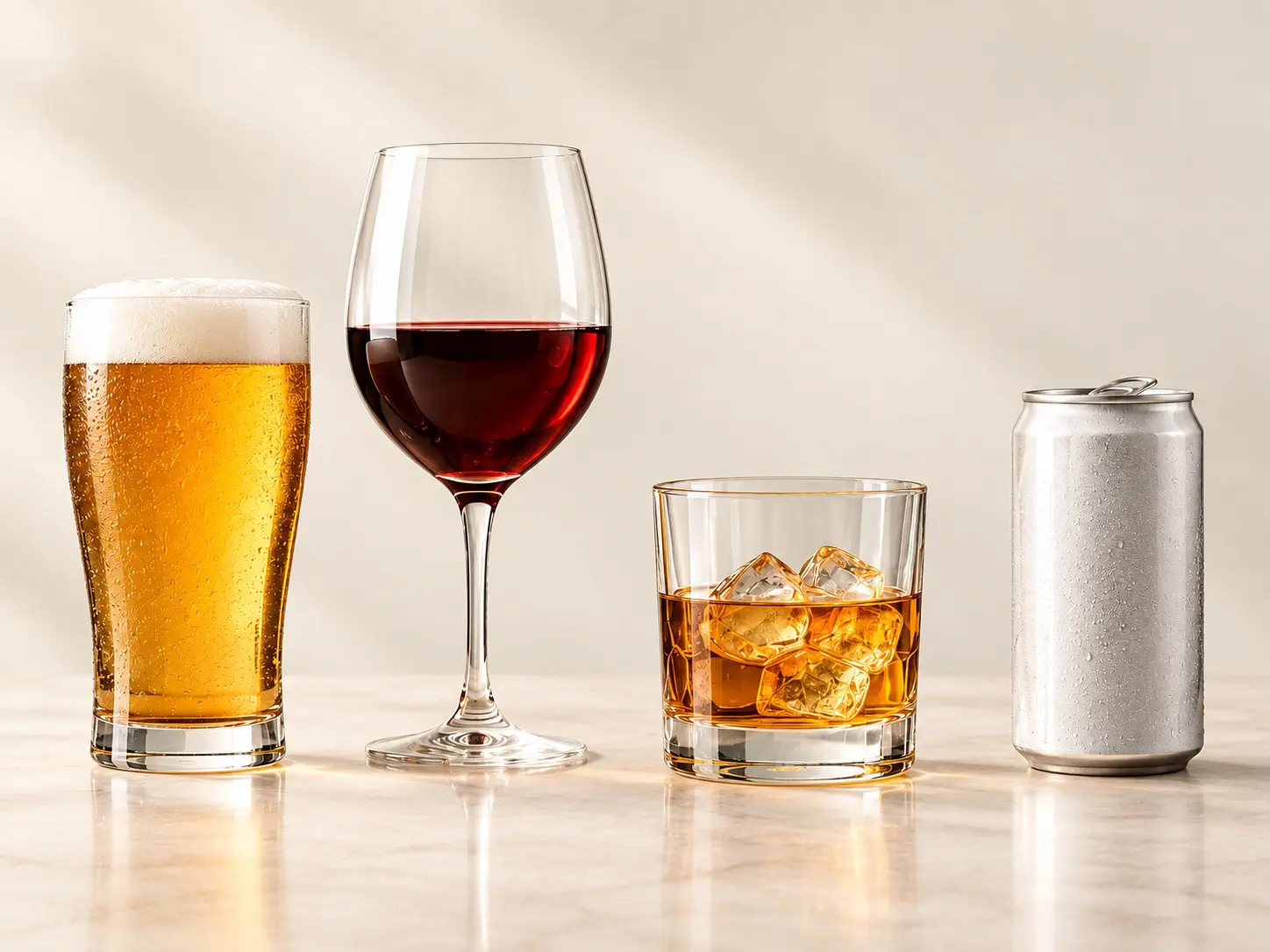 Examples of beer, wine, distilled spirits and a canned alcoholic beverage