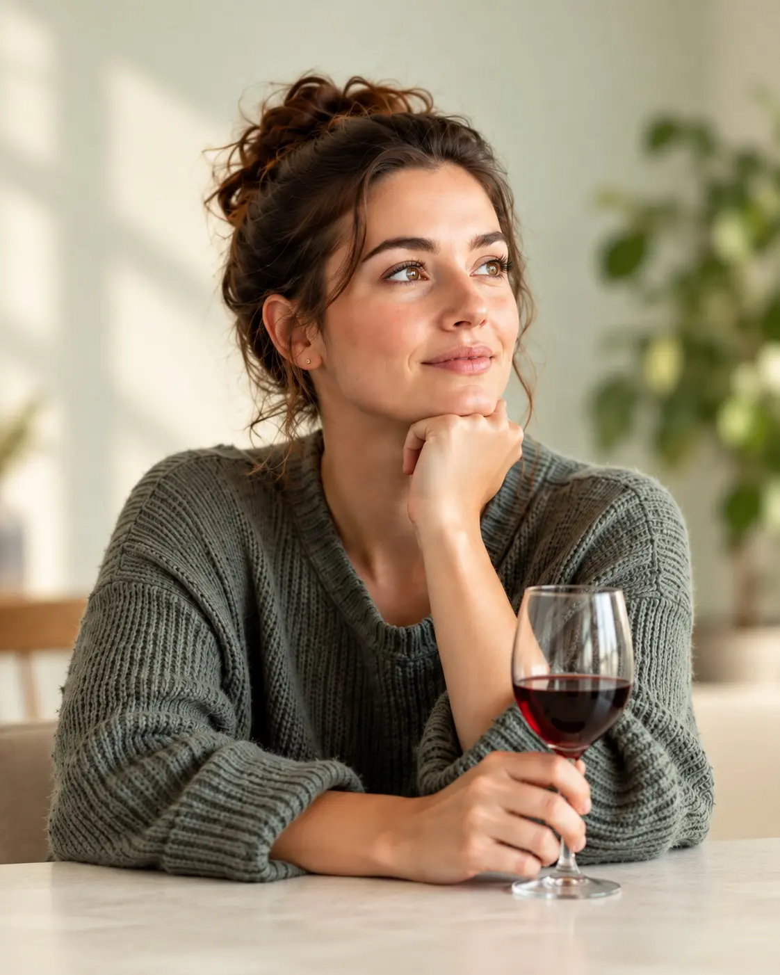 Woman thoughtfully holding a glass of wine
