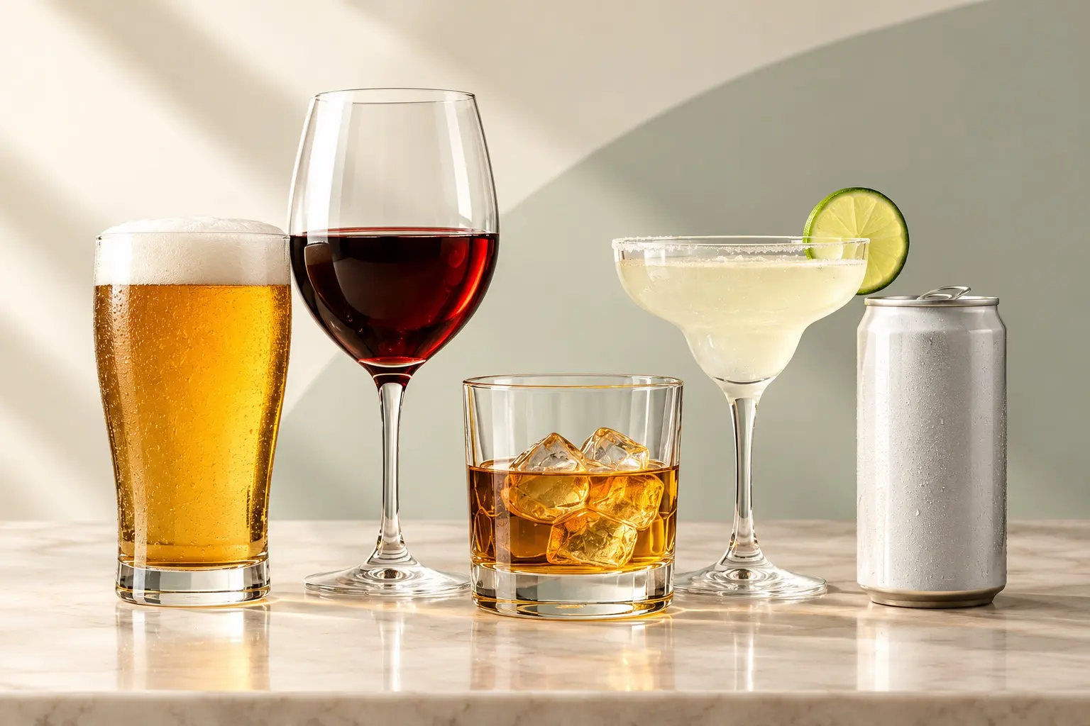 Beer, wine, whiskey and cocktail representing different alcoholic drinks