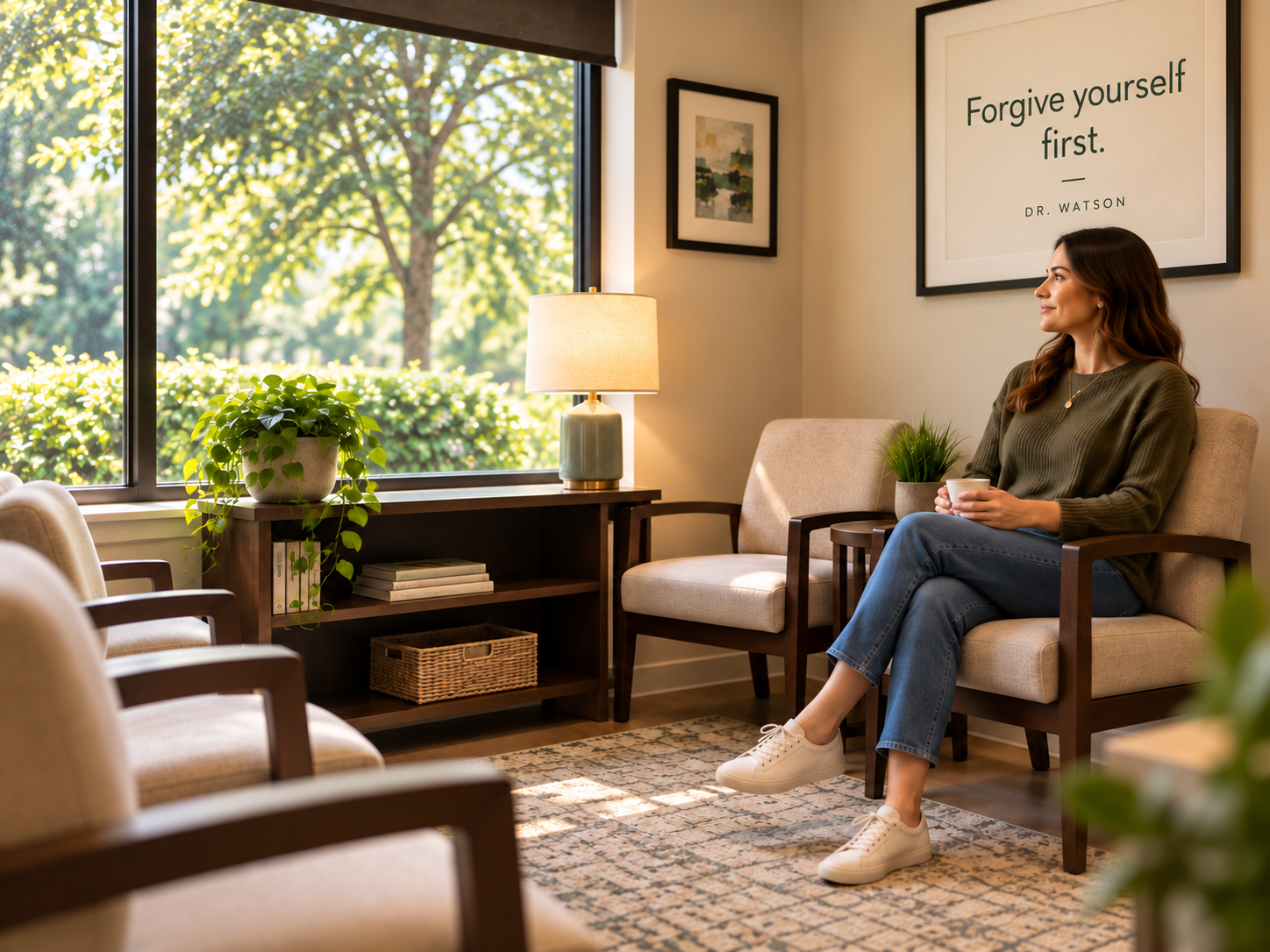 A visitor seated in a welcoming private office waiting room beneath a framed Forgive yourself first message