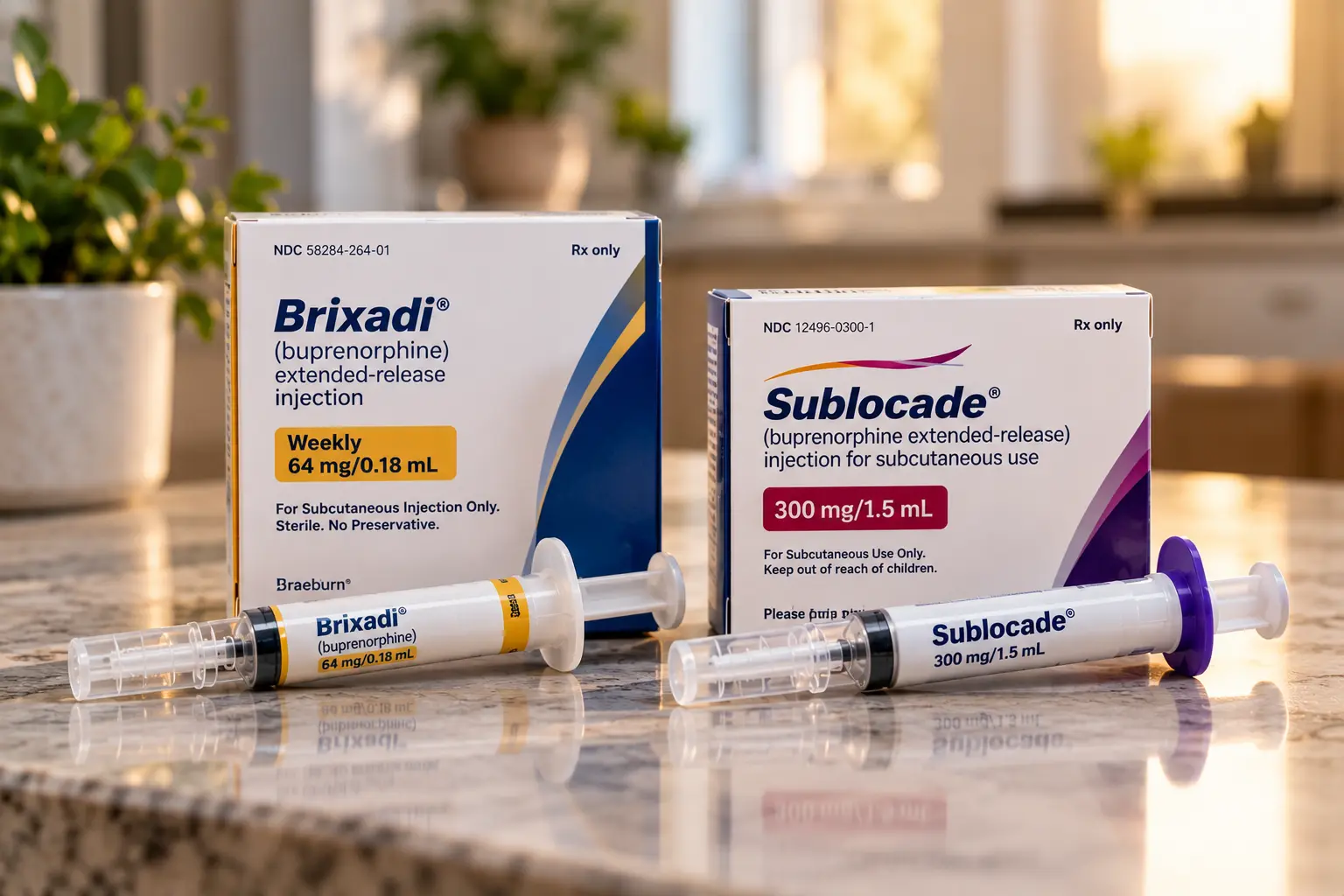 Illustration of Brixadi and Sublocade medication boxes and prefilled syringes